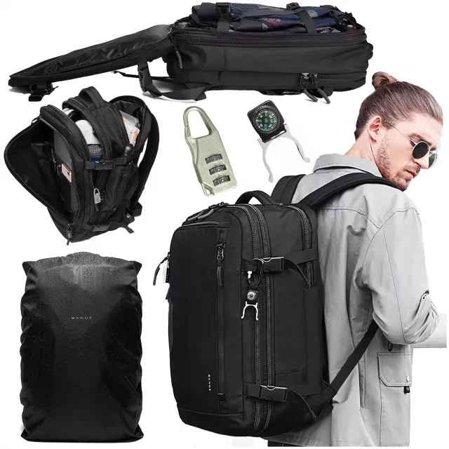 Bange Waterproof Backpack for Laptop 15.6" City Travel Expandable 55 x 35 x 21-27 cm for Airplane Men's Women's Padlock Code Compass Bottle Holder Black