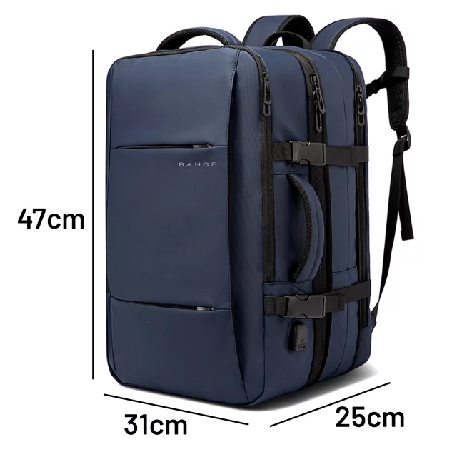 Bange Waterproof Backpack for Laptop 15.6" City Travel 47x31x15-25 cm for Work Airplane Men's Women's with USB Port Navy Blue